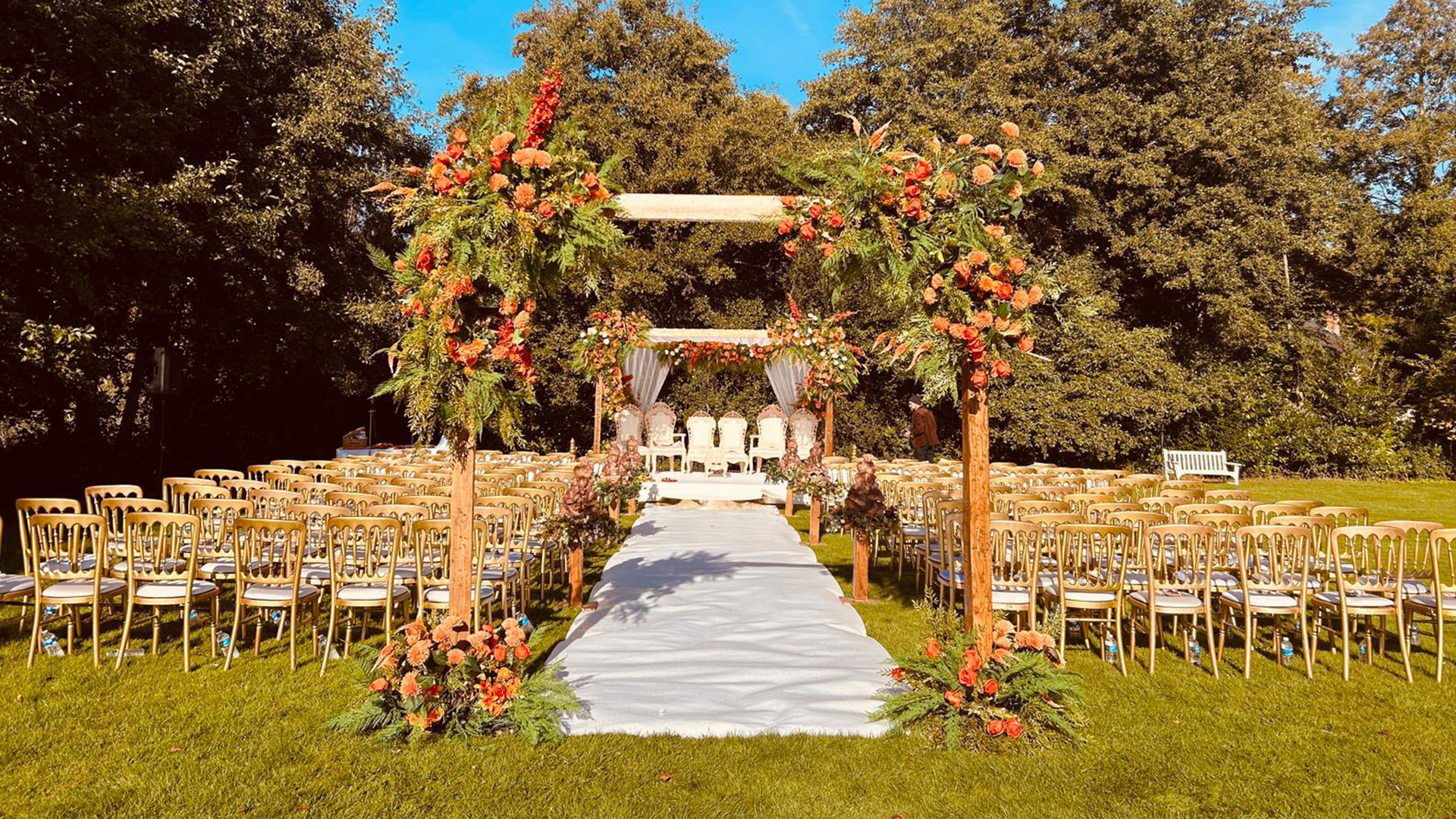 Dry Hire Weddings Mandap setup on lawn at Prested Hall