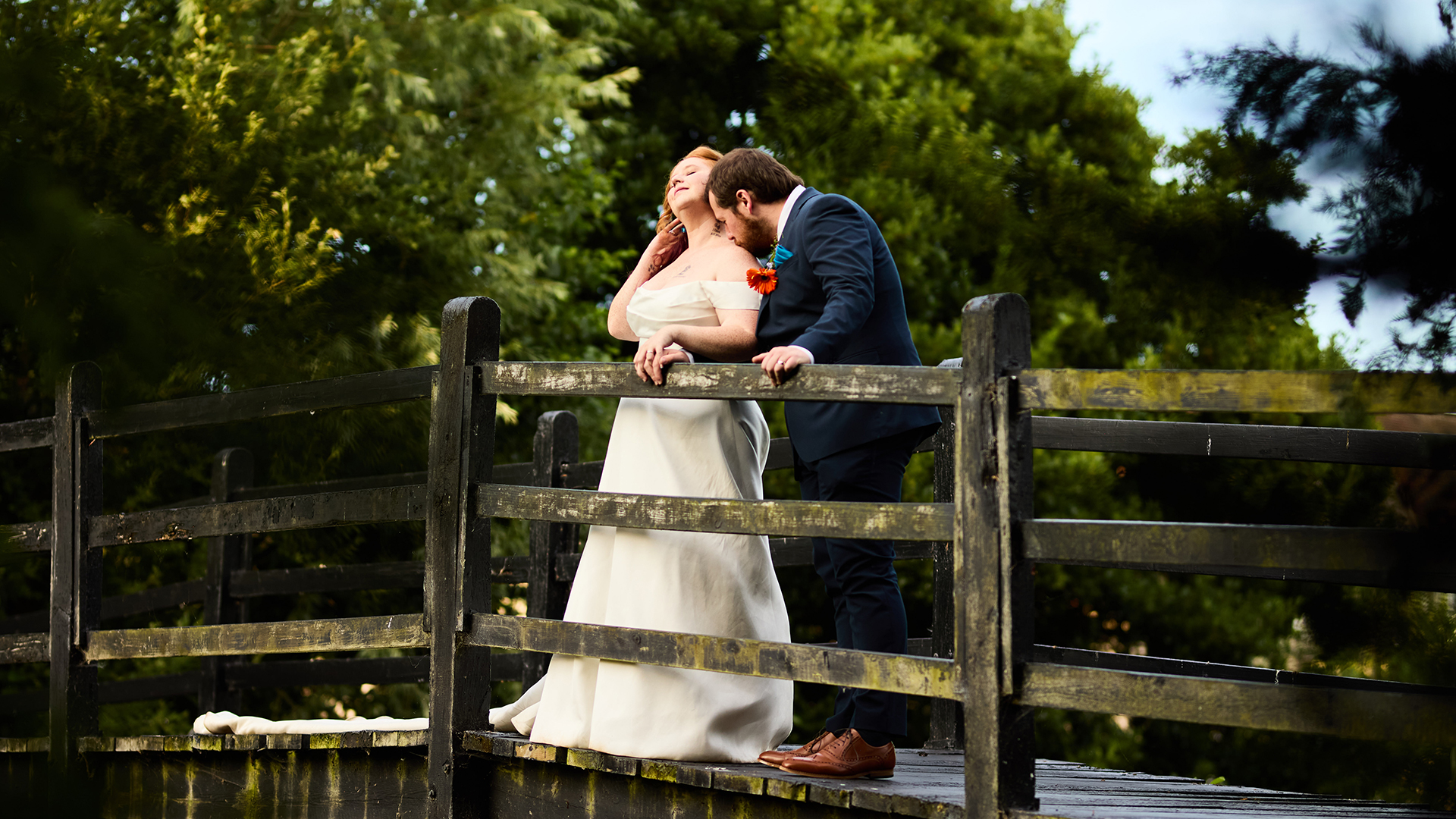 Blog 3 Prested Hall photoshoot spots – couple on the moated bridge at golden hour, wedding photography in Essex