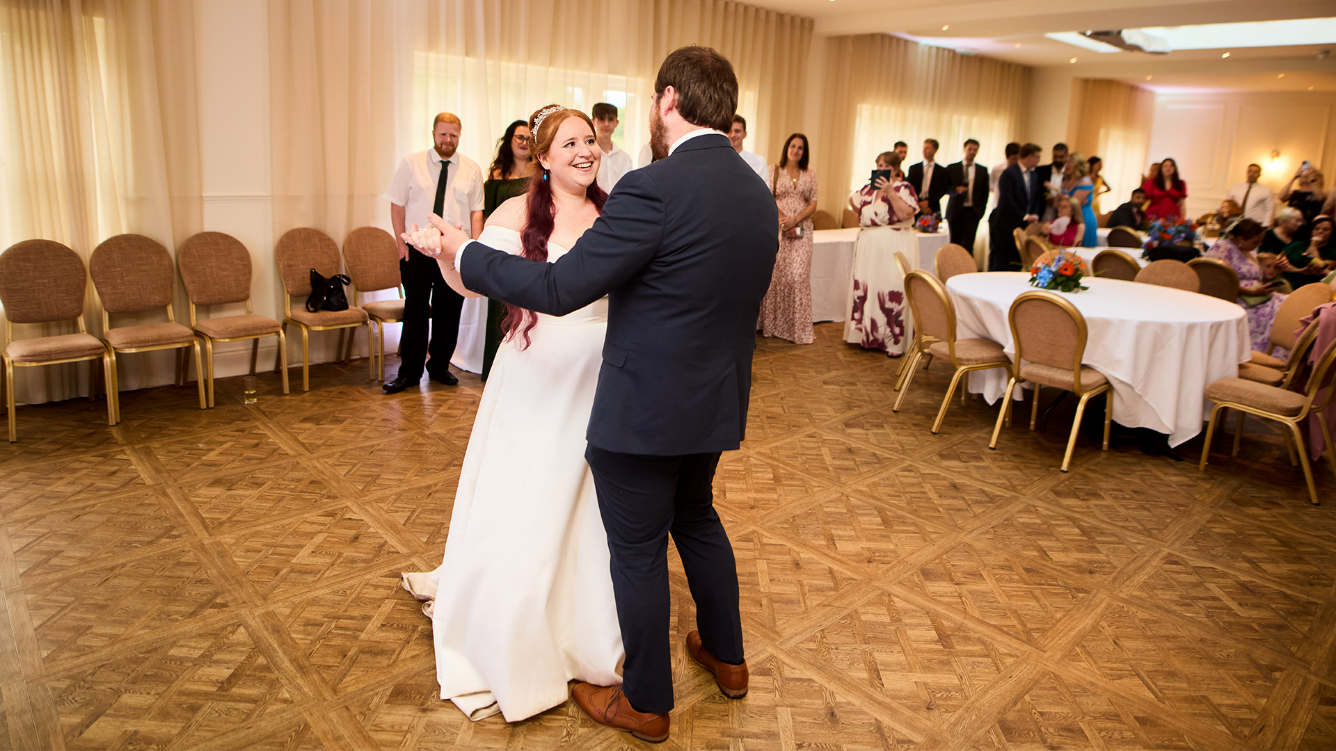 Blog 11 Bride and groom sharing their first dances in Prested Hall’s historic ballroom