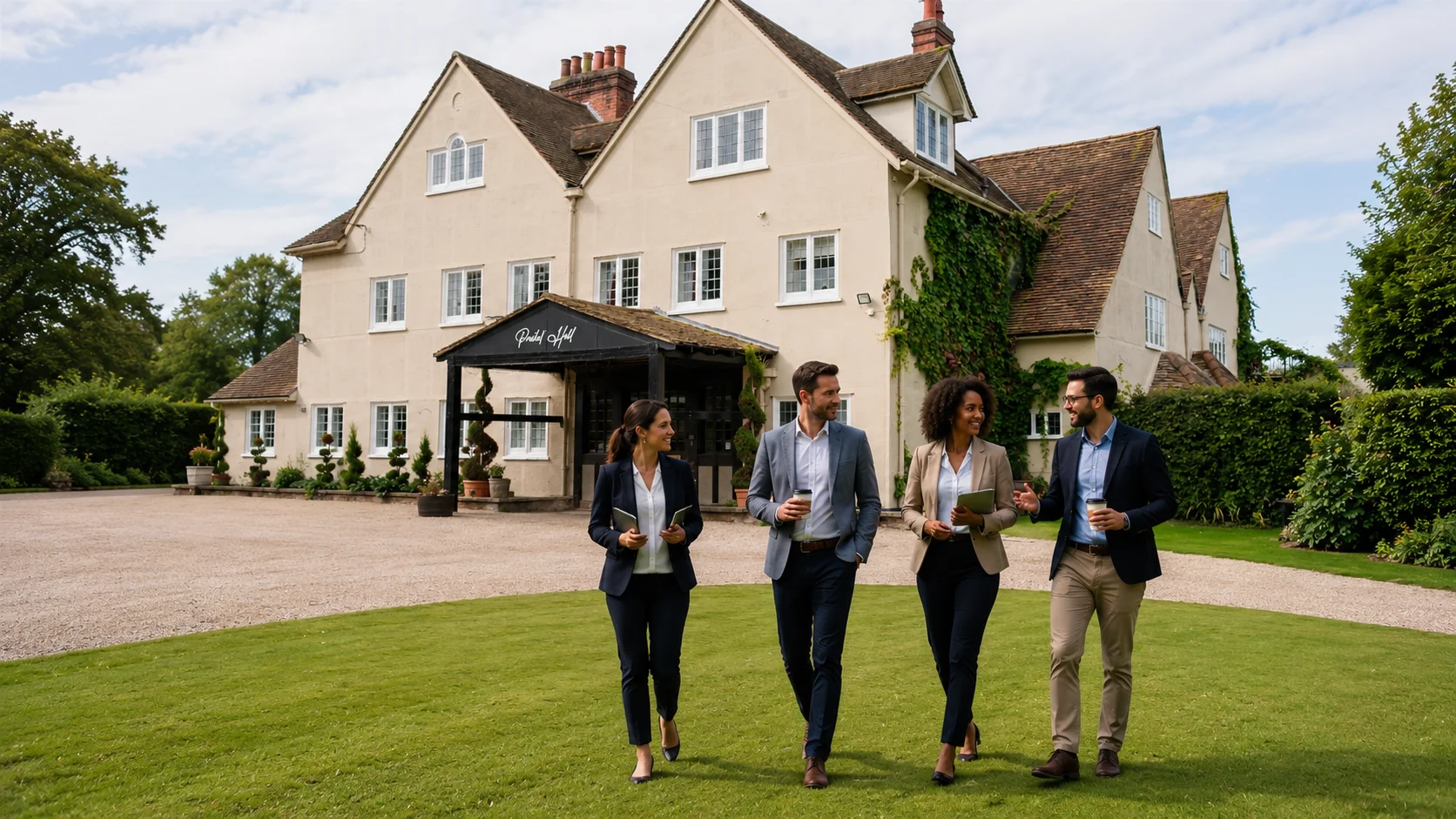 Blog 11 Colleagues collaborating and walking across the beautiful moated grounds of Prested Hall during a productive corporate retreat Essex