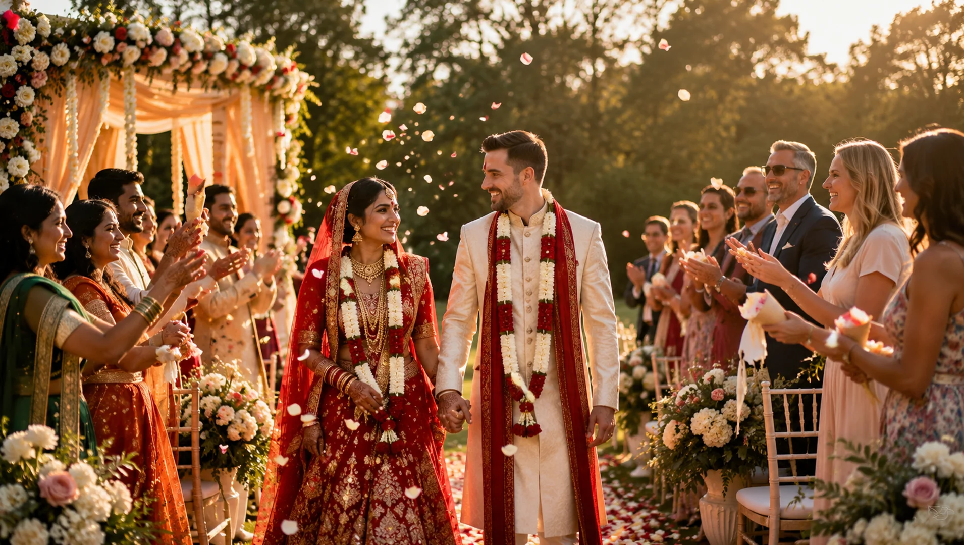 Blog 8 A newlywed couple celebrating their vibrant, seamless Multi ceremony wedding Essex, transitioning from a morning cultural ceremony to an afternoon civil blessing.
