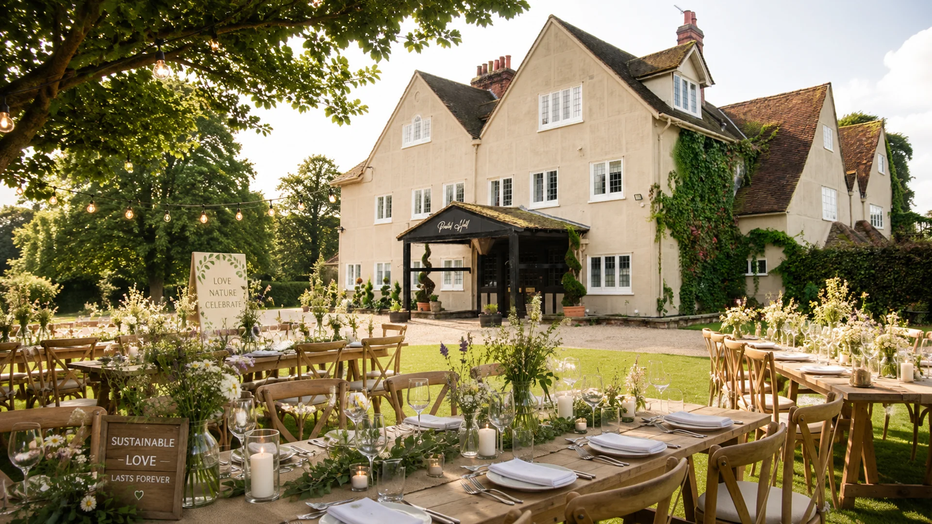 Blog 2 A beautifully styled, sustainable outdoor wedding reception on the sunlit lawns, showcasing the natural beauty of a premier Eco-friendly wedding venue UK.