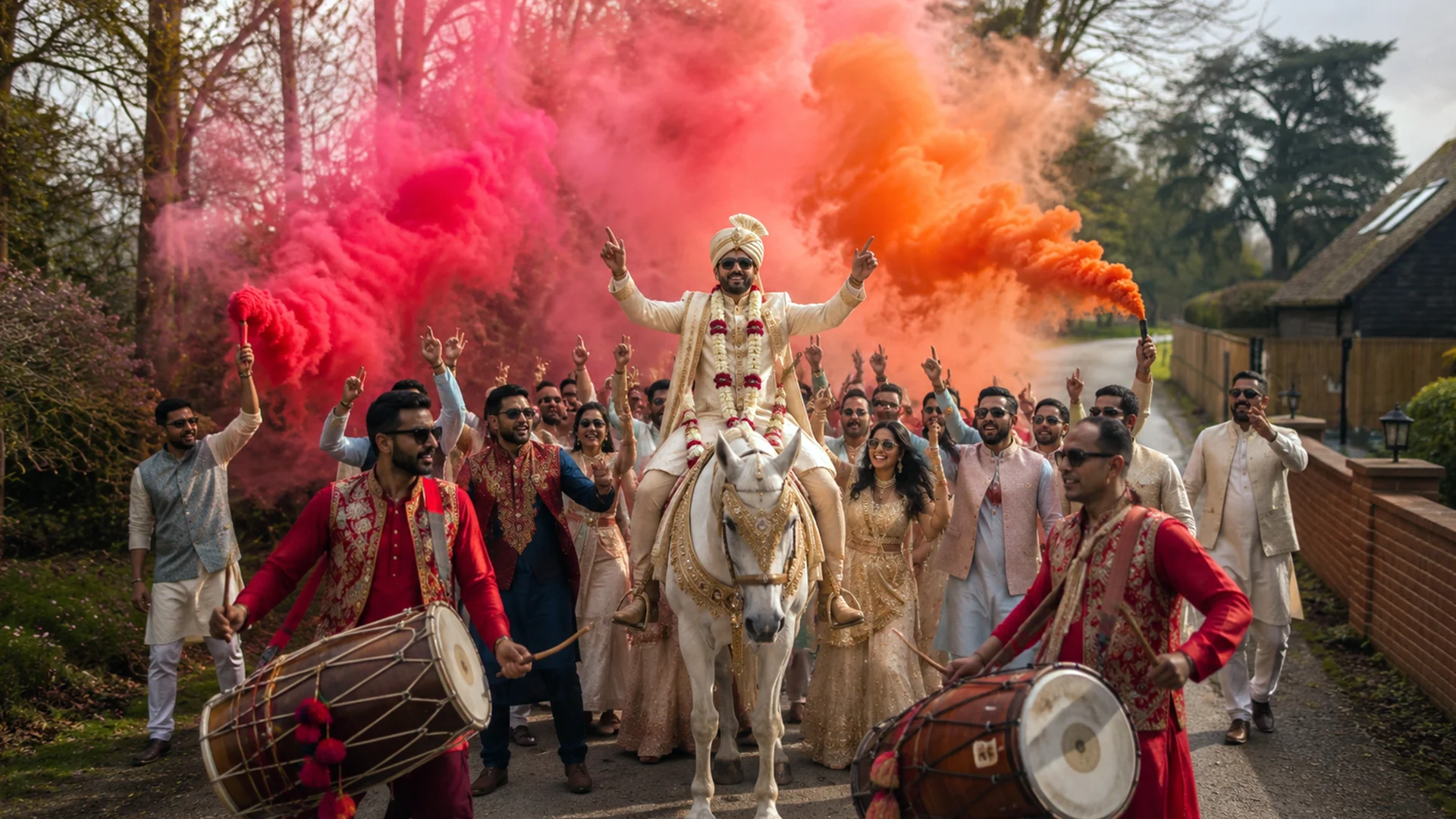 Blog 4 A groom arriving in a spectacular Baraat procession at a premier Indian wedding venue Essex, featuring colorful smoke grenades, dancing families, and energetic Dhol players.