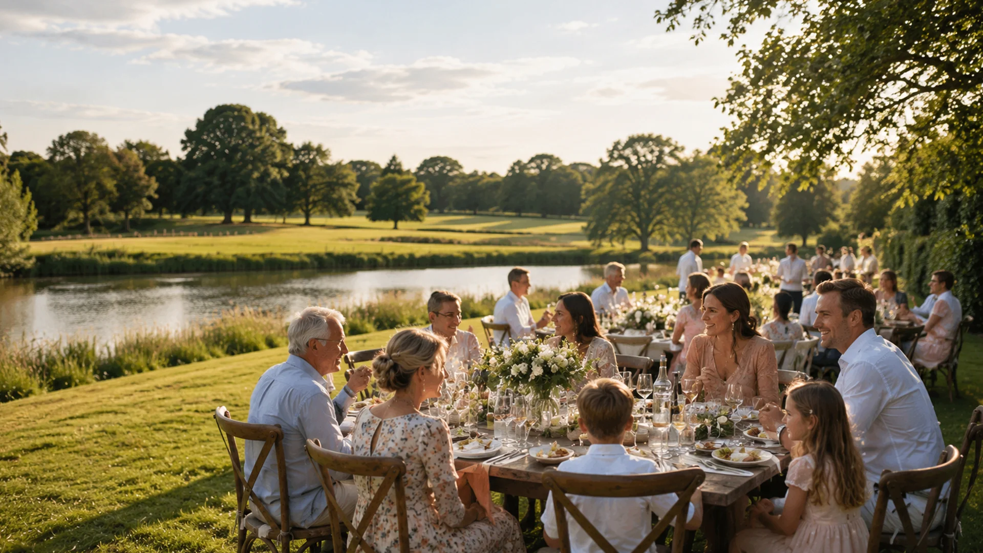 Blog 6 A newlywed couple enjoying a Sunday farewell brunch with family outside a historic moated manor, showcasing the ultimate Weekend wedding venue Essex.